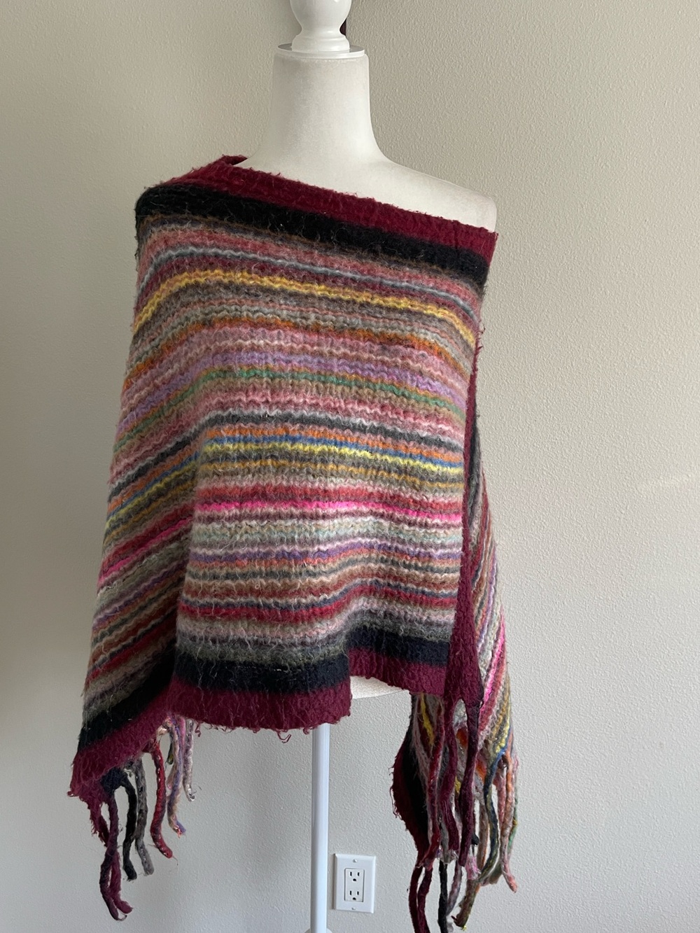 Multicolor Striped Knit Poncho with Fringe - Burgundy Accent